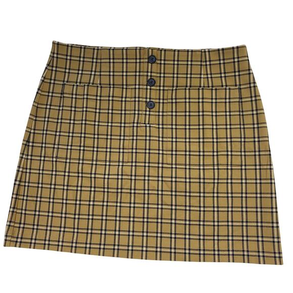 LOFT Mini Skirt Womens 16 Tan Plaid Button Pockets Autumn Neutral Academia 38x20 - Picture 1 of 11